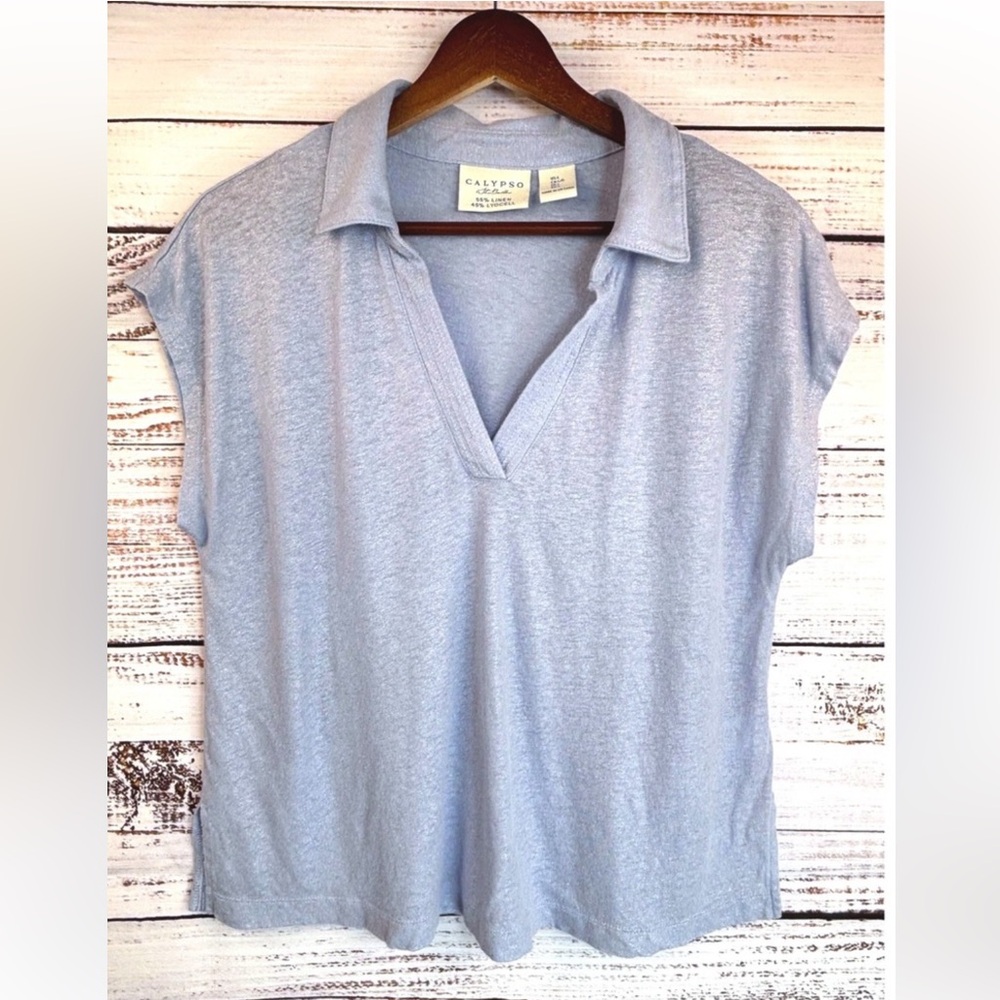 Calypso St. Barth Light Blue linen blend shimmer top